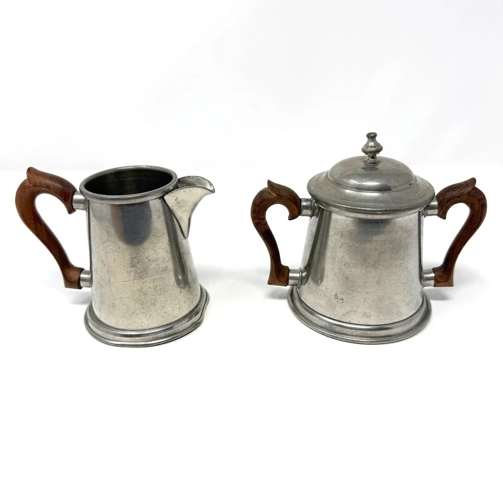 Stieff Pewter Creamer Sugar Bowl Set Wood Handle Cream Pitcher‎